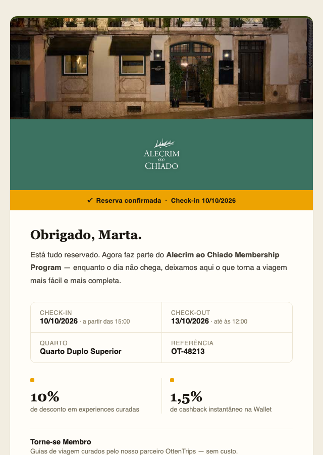Real confirmation email for Alecrim ao Chiado